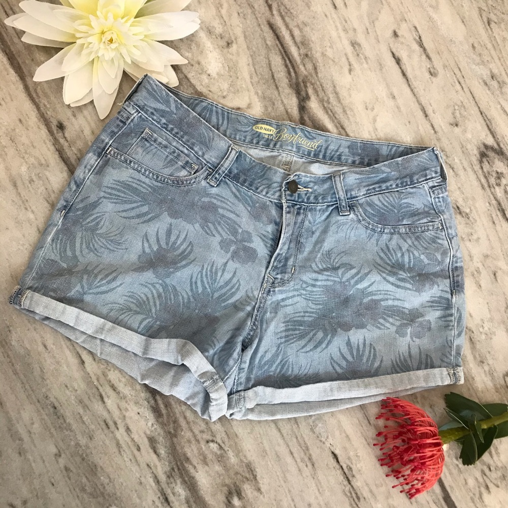 Denim Shorts, light with faded tropical pattern